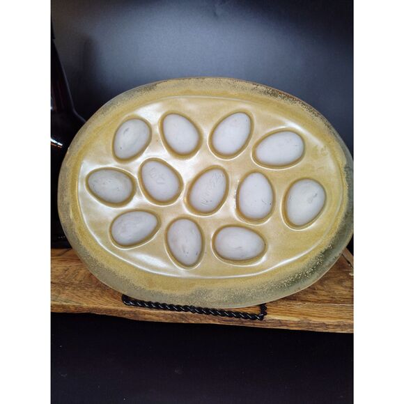 Handmade Devil Egg Platter Kat Jarose Rustic Stoneware Serving Tray Detail Faces - Picture 4 of 5